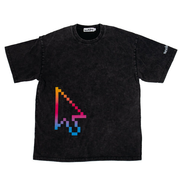 Cursor Tee front, gradient pixel cursor on a washed black tee