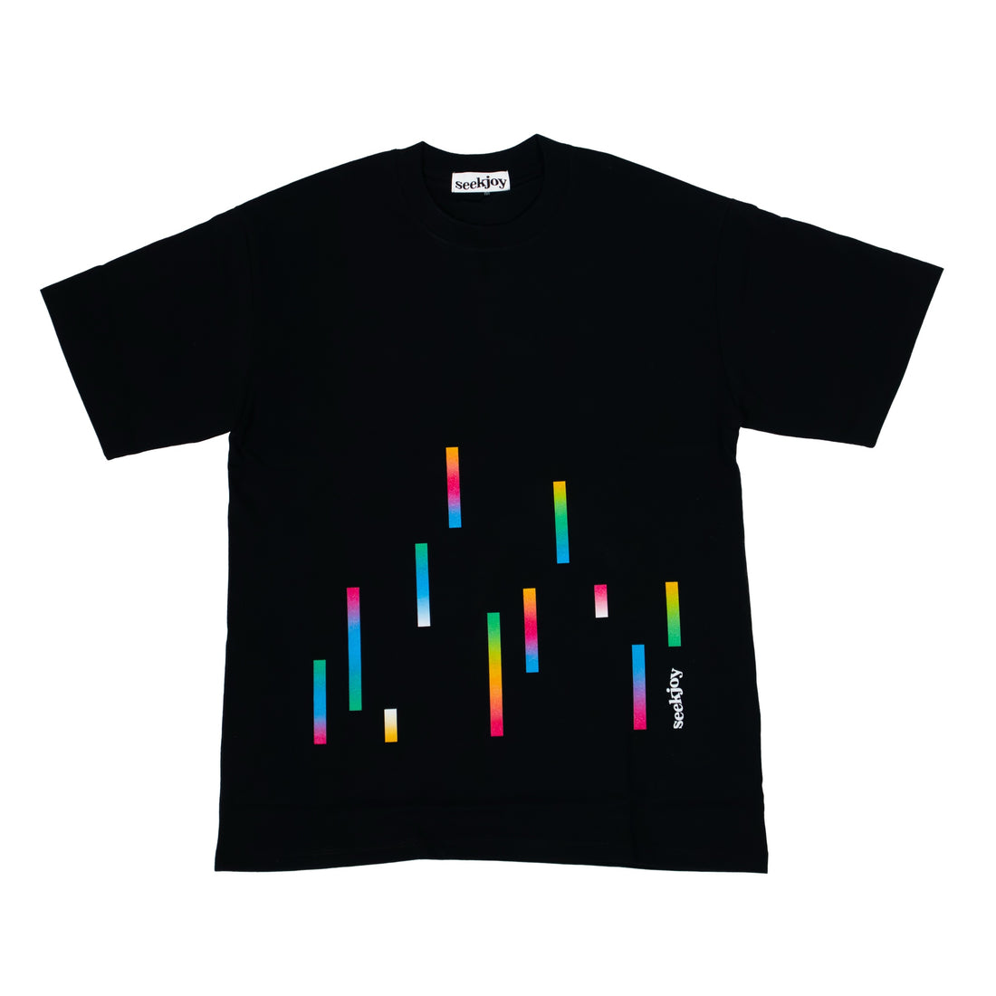 Gradient Rain Tee front, falling gradient bars on a black tee