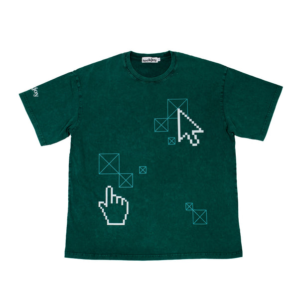 Missing Links Tee front, pixel cursors and empty image frames on a washed green tee