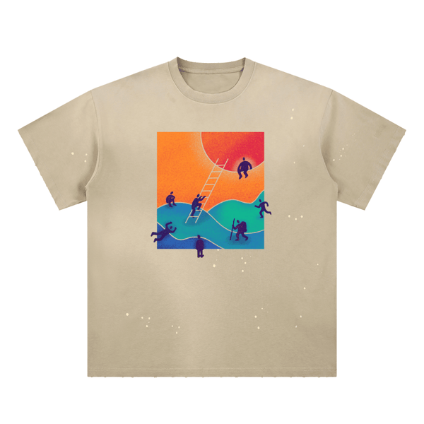 Ascend tee laid flat in apricot with sunfade paint splatter and the ladder-and-sun print