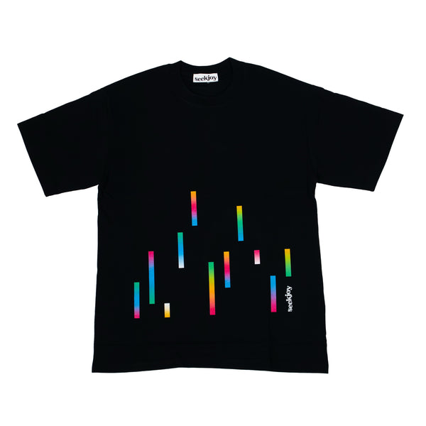 Gradient Rain Tee front, falling gradient bars on a black tee